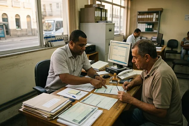 Profissional em Salvador ajudando cliente com documentação veicular.