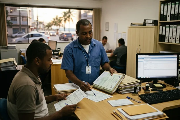 Profissional em Salvador orientando cliente sobre licenciamento de veículo.